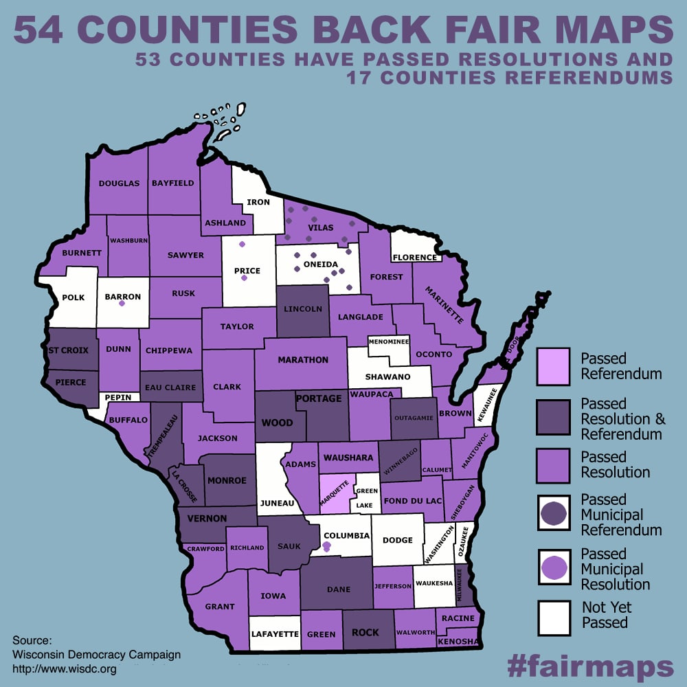 Map showing how many Wisconsin counties support non-gerrymandered redistricting, from the Wisconsin Democracy Campaign