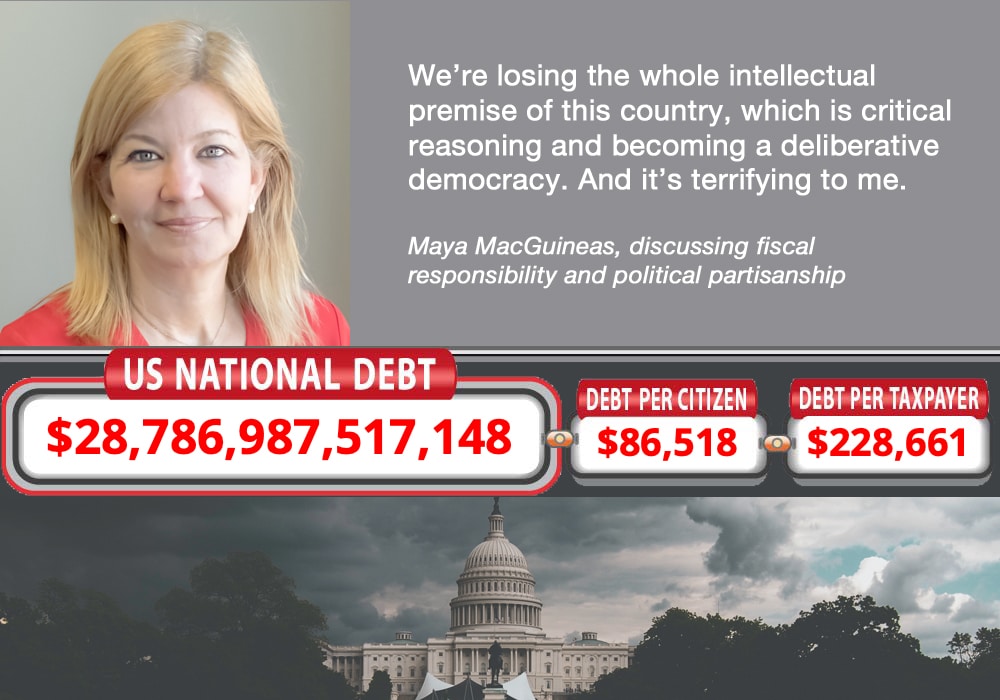 MacGuineas quote + US Debt Clock + US Capitol photo