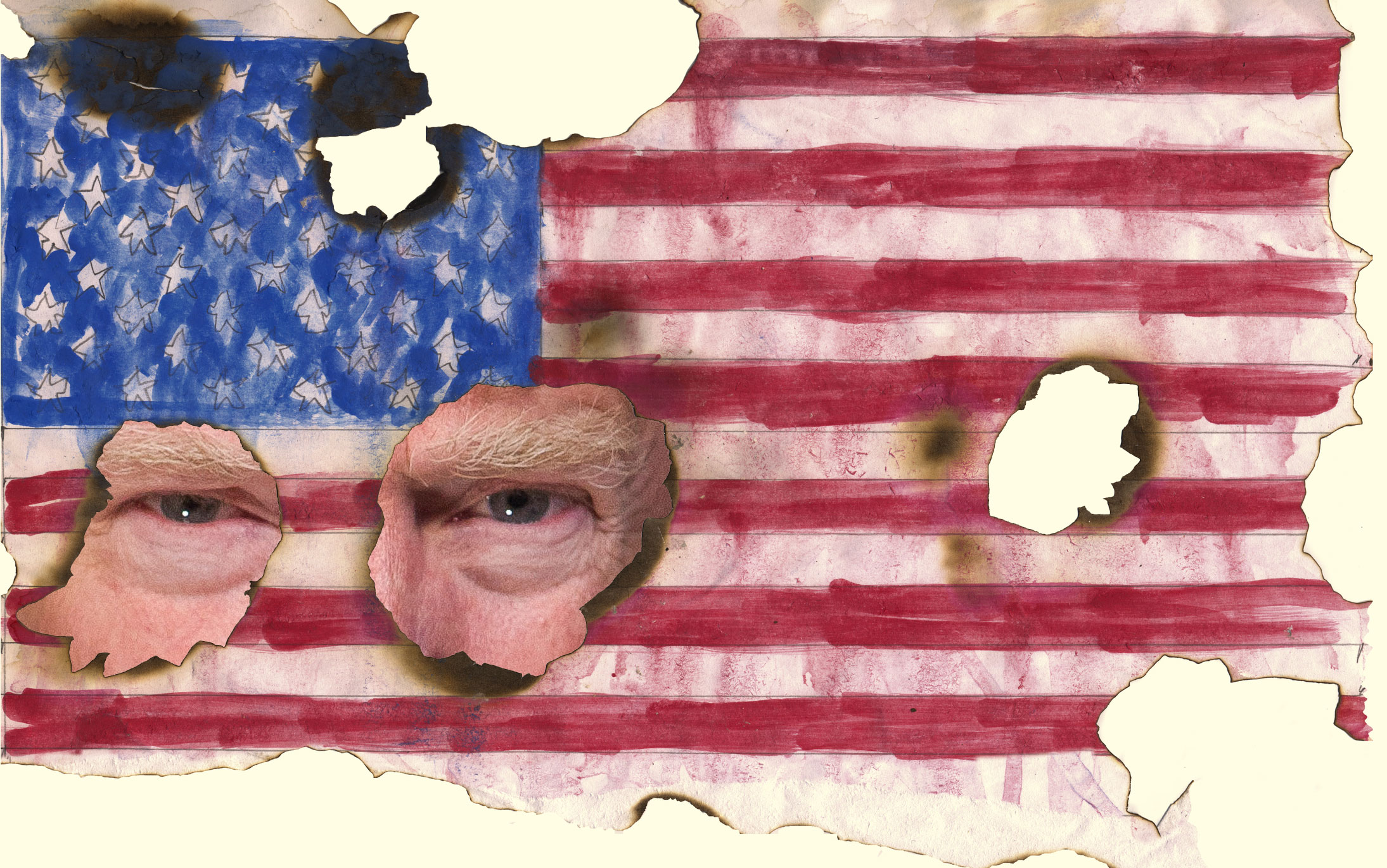 Damaged flag with Trump's eyes peering through holes