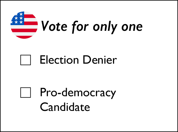 Image of a ballot offering a choice between "election denier" and "pro-democracy candidate"