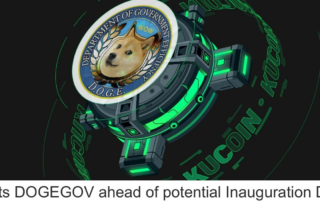 Graphic from DOGEGOV.com showing DOGE being listed on KuCoin, a cryptocurrency exchange