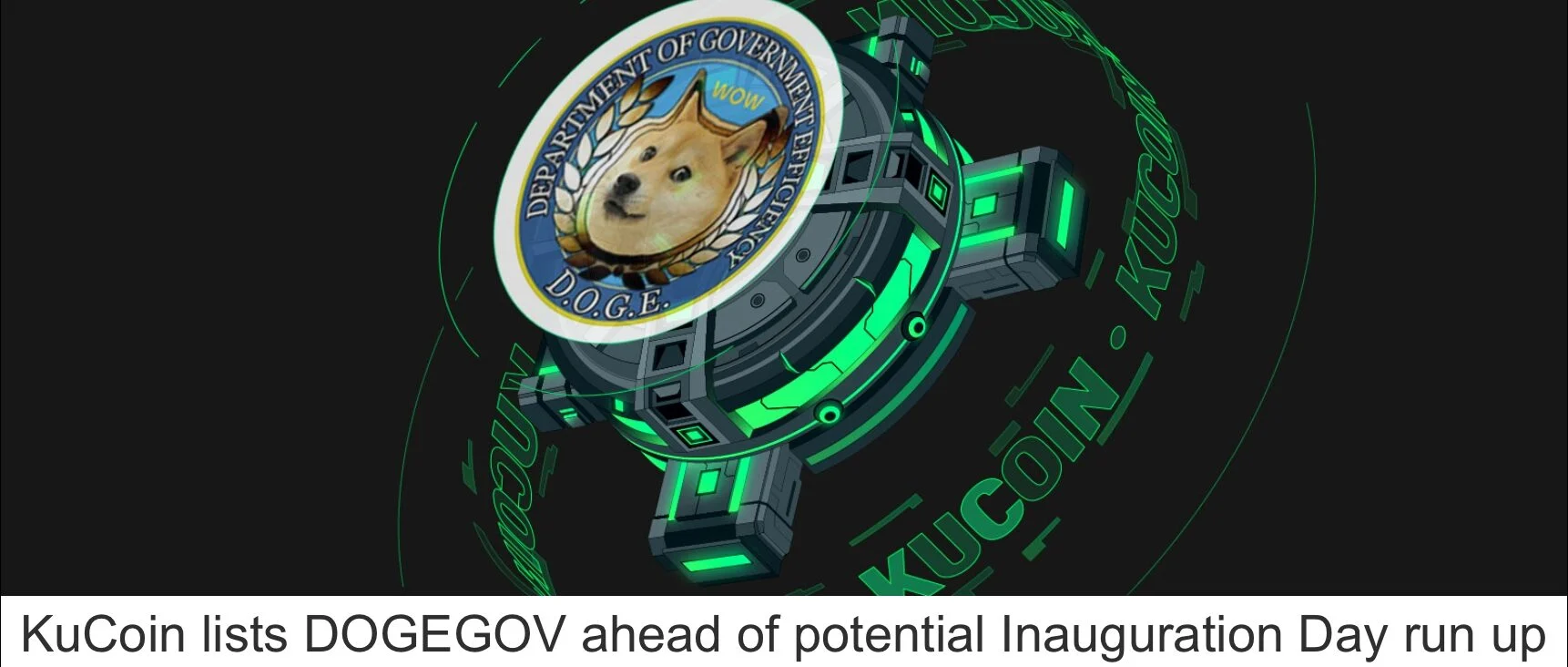 Graphic from DOGEGOV.com showing DOGE being listed on KuCoin, a cryptocurrency exchange
