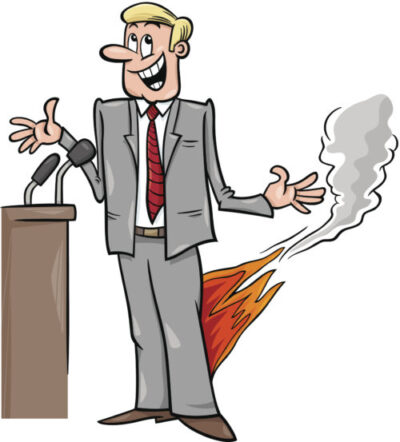 Cartoon illustration of a man at a podium with his pants on fire.